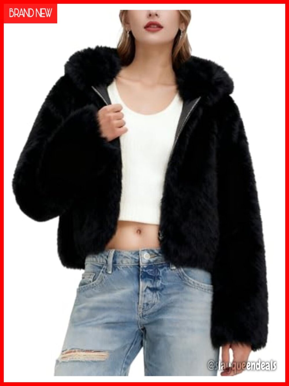Faux Fur Hooded Cropped Winter Coat Zip Up Fuzzy Warm Jacket with Pockets